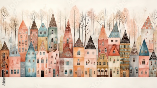 cute childhood style illustration of winter town cityscape, generative Ai