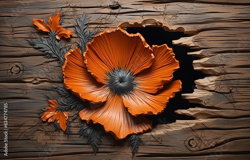 sculpture art illustration of flower branch grown through broken wall or wood tree bark, Generative Ai