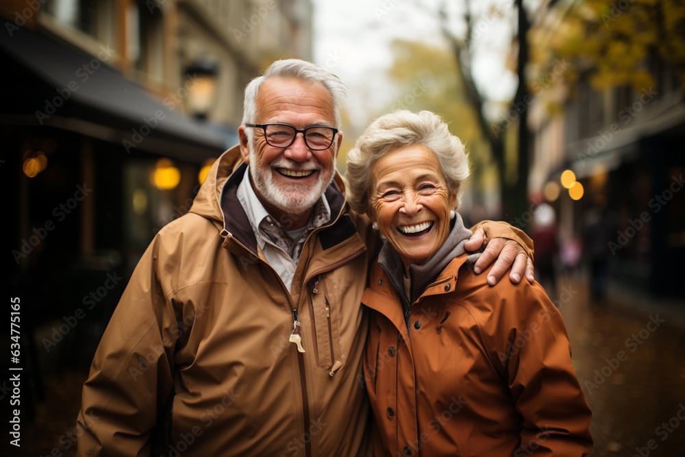 Romantic and elderly healthy lifestyle concept. Senior cheerful active smiling mature couple walks looks happy in the park in afternoon autumn sunlight day time, happily retired. Generative AI Romantic and elderly healthy lifestyle concept. Senior cheerful active smiling mature couple walks looks happy in the park in afternoon autumn sunlight day time, happily retired. Generative AI
