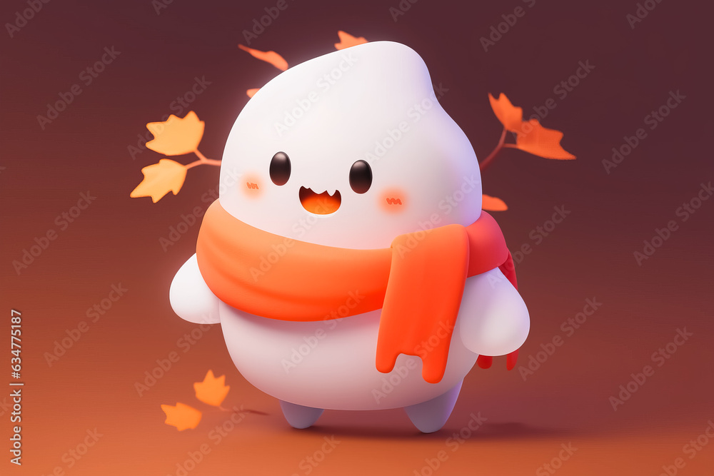 White ghost wearing big orange autumn scarf. Halloween concept. 3d style White ghost wearing big orange autumn scarf. Halloween concept. 3d style