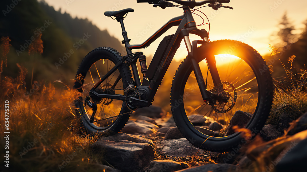Obraz premium A Tranquil Illustration of Bicycles Amidst the Evening Glow. Generative AI