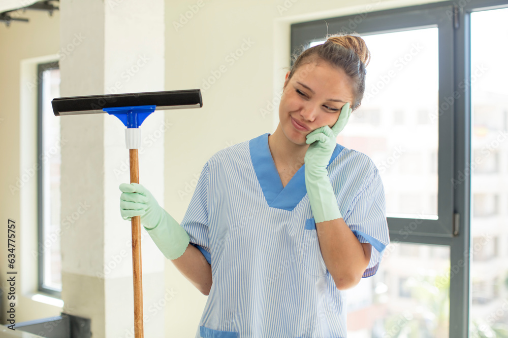 pretty woman feeling bored, frustrated and sleepy after a tiresome. housekeeper concept