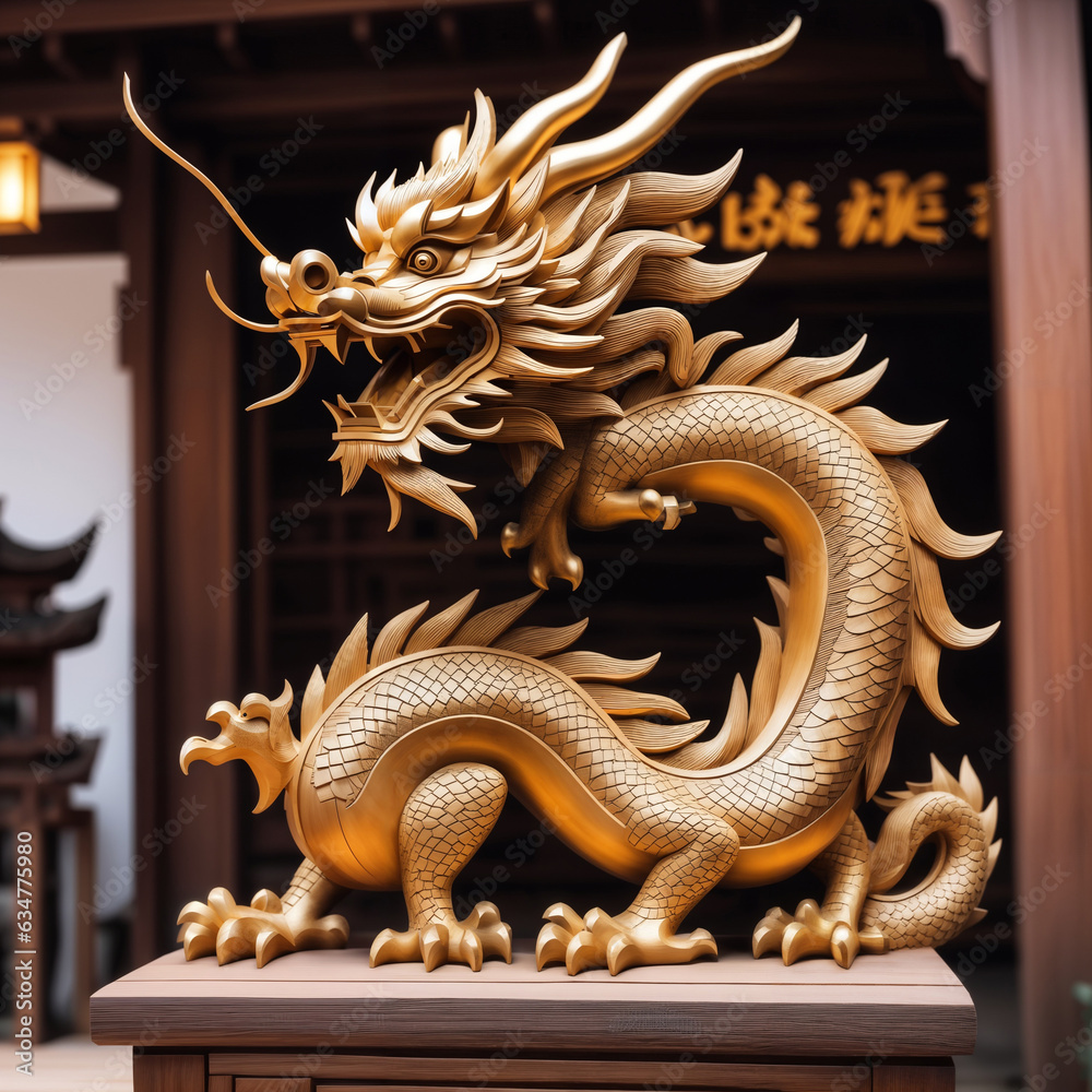 Obraz premium Dragon carved from old wood. Symbol. Dragon old wooden and chinese pattern, wood nature. Totem. AI generative image.