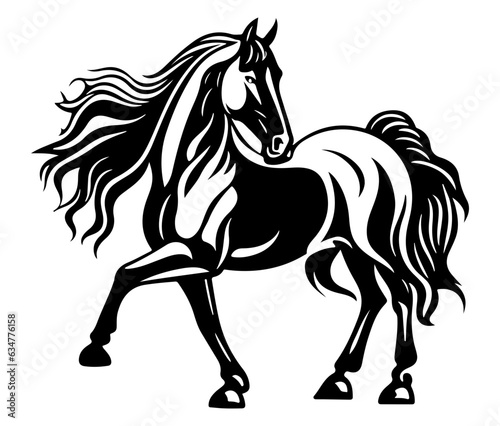 A black vector design of a running Friesian horse   isolated on white