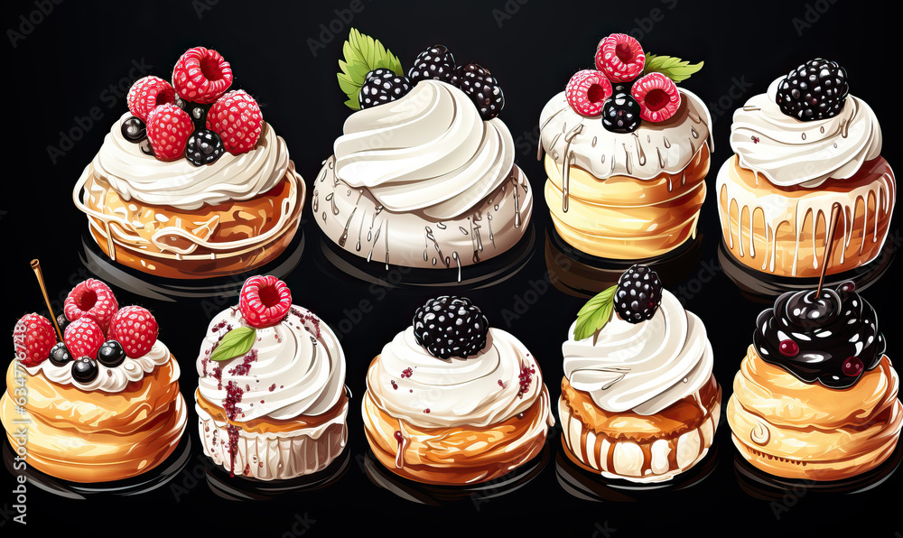 A set of sketches of cupcakes on a dark background. A set of sketches of cupcakes on a dark background.