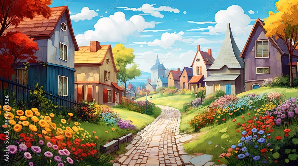 illustration of cute village with flower blossom, Generative Ai
