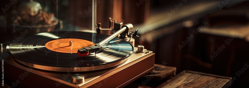 custom made wallpaper toronto digitalVintage vinyl record player that reproduces sound,copy space. Created using generative AI technology.