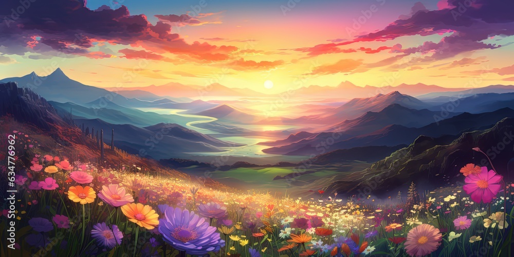 Fototapeta premium illustration of summer flower field, idea for home wall decor picture, Generative Ai 