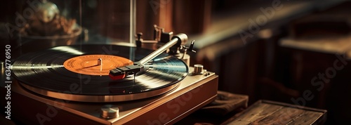 Vintage vinyl record player that reproduces sound,copy space. Created using generative AI technology.