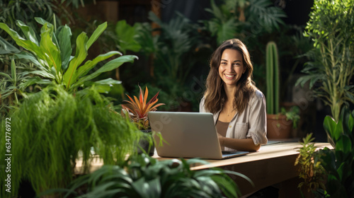 Young woman smiles while she works on her laptop amongst the green zone in the office. Created with Generative AI technology.