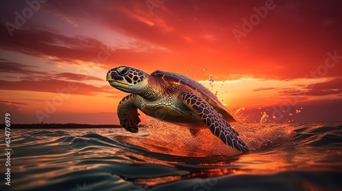 sea turtle jump off the sea water with water splash, Generative Ai