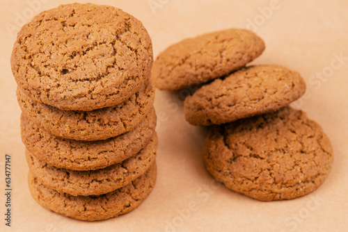 Stack of cookies. Oatmeal cookies on beige background.