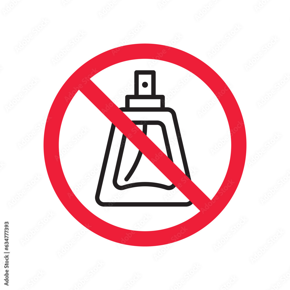 Forbidden perfume vector icon. Warning, caution, attention, restriction, label, ban, danger. No scent flat sign design pictogram symbol. No perfume icon Forbidden perfume vector icon. Warning, caution, attention, restriction, label, ban, danger. No scent flat sign design pictogram symbol. No perfume icon