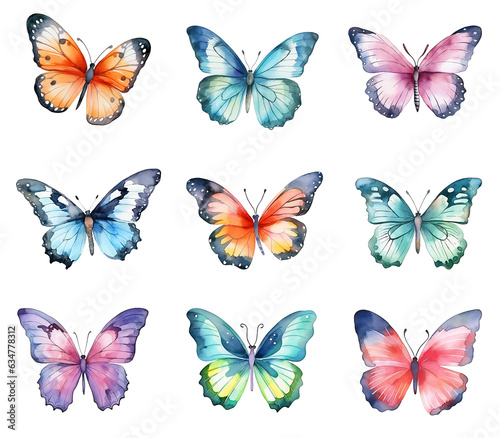 Set of watercolor butterflies isolated on white background.