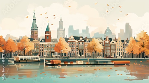  flat design illustration of urban cityscape in autumn town, Generative Ai