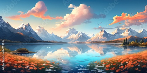 illustration background wallpaper of beautiful nature landscape of flower field with snow mountain and mirror lake, Generative Ai
