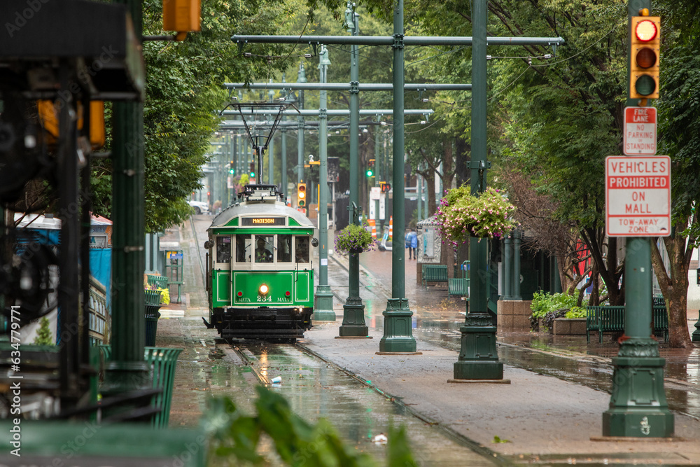 Color photo or the trolly stop at S Main and Peabody, Memphis, TN - obrazy, fototapety, plakaty 