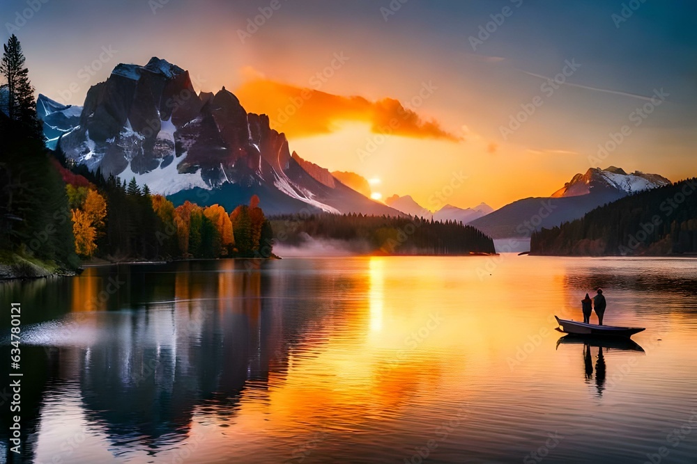 the best view of sun set between the mountains  behind the lake background and beautiful sun set
