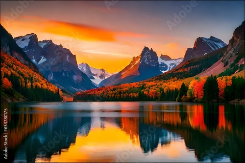 the best view of sun set between the mountains behind the lake background and beautiful sun set