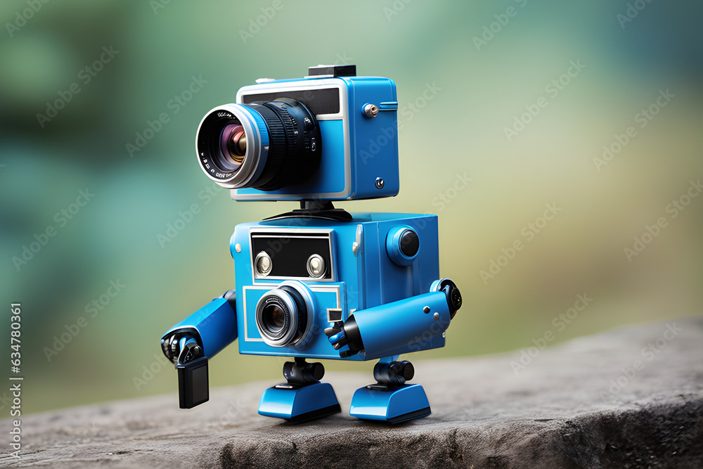 Fototapeta premium Cute Little Blue Robot Photographer - Adding Tech Charm to Your Shots