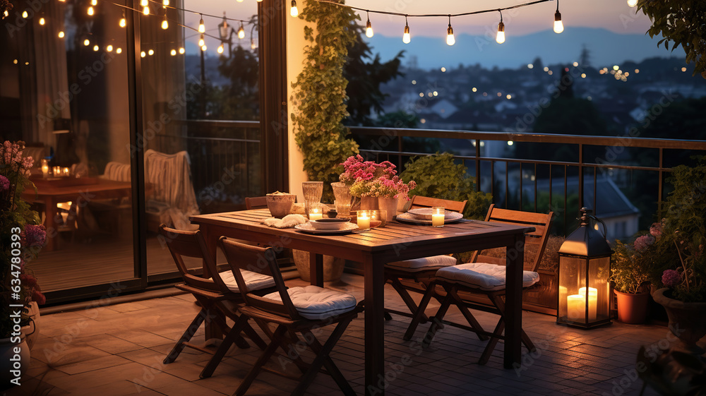 Beautiful evening on terrace in summer. Generative AI