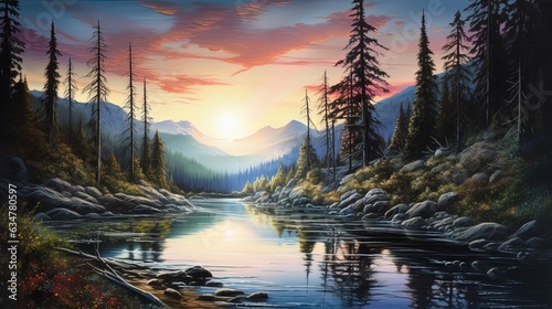 painting illustration evergreen forest with lake at twilight, Generative Ai