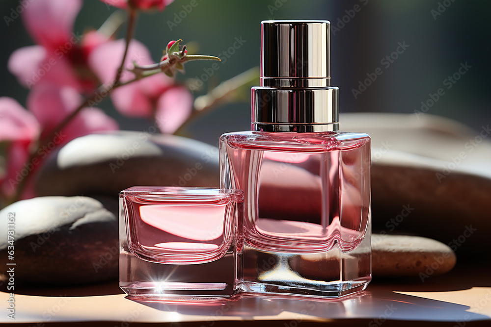 close up view facial and body creams in glass jars on white cubes on beige pink background, palm leaf, aesthetic close up view facial and body creams in glass jars on white cubes on beige pink background, palm leaf, aesthetic