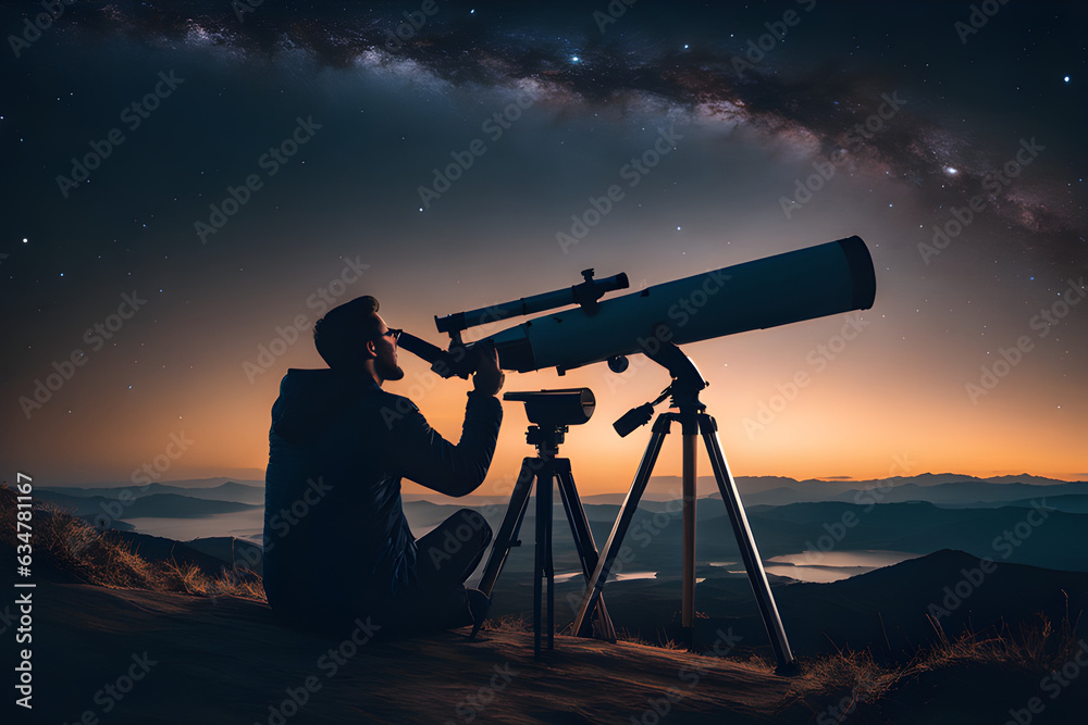 a guy sitting outside and looking through big telescope at the night sky full of stars