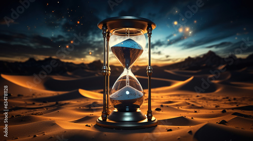 Hourglass in the Midnight Desert. Generative AI
