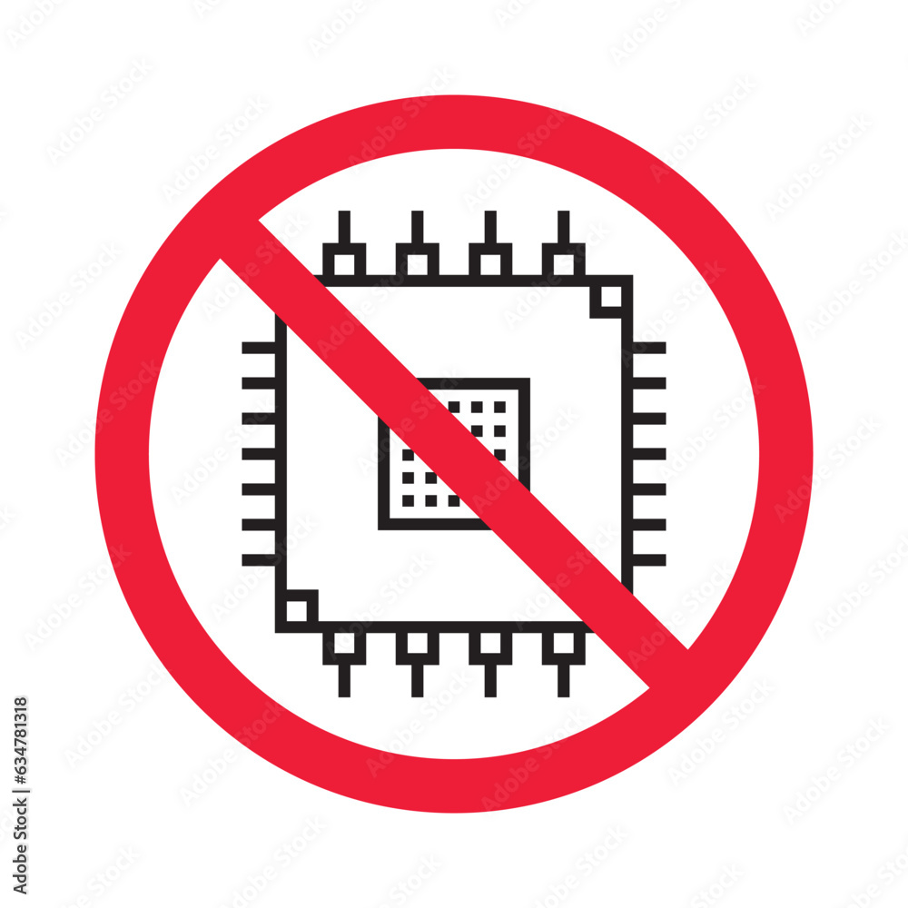 Forbidden processor vector icon. Warning, caution, attention, restriction, label, ban, danger. No CPU flat sign design pictogram symbol. No micro chip icon Forbidden processor vector icon. Warning, caution, attention, restriction, label, ban, danger. No CPU flat sign design pictogram symbol. No micro chip icon