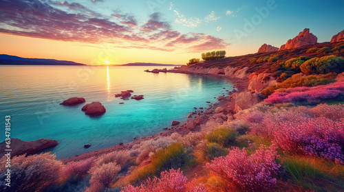 Colorful morning scene. Beautiful spring scenery. Fantastic sunrise Picturesque seascape. Generative AI