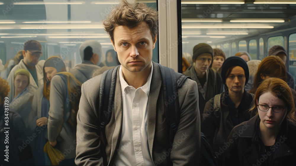 Impatient Expression: In this scene, the worker's facial expression reflects their impatience while waiting for the bus amid the crowded city streets Impatient Expression: In this scene, the worker's facial expression reflects their impatience while waiting for the bus amid the crowded city streets