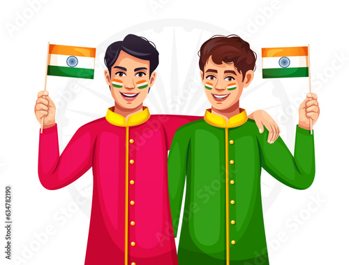 Happy kids show unity by holding Indian flags in their hands and hugging together. Concept of diversity, patriotism, and friendship.