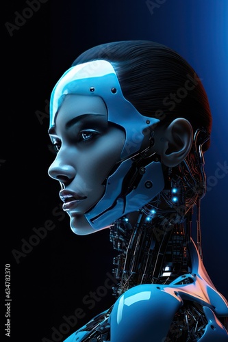 Beautiful android robot woman profile closeup on blue neon background vertical portrait. Artificial intelligence. 