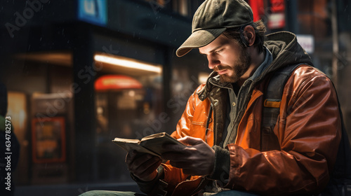 Reading the News: The photo captures the worker reading the morning news on their smartphone to make use of their waiting time