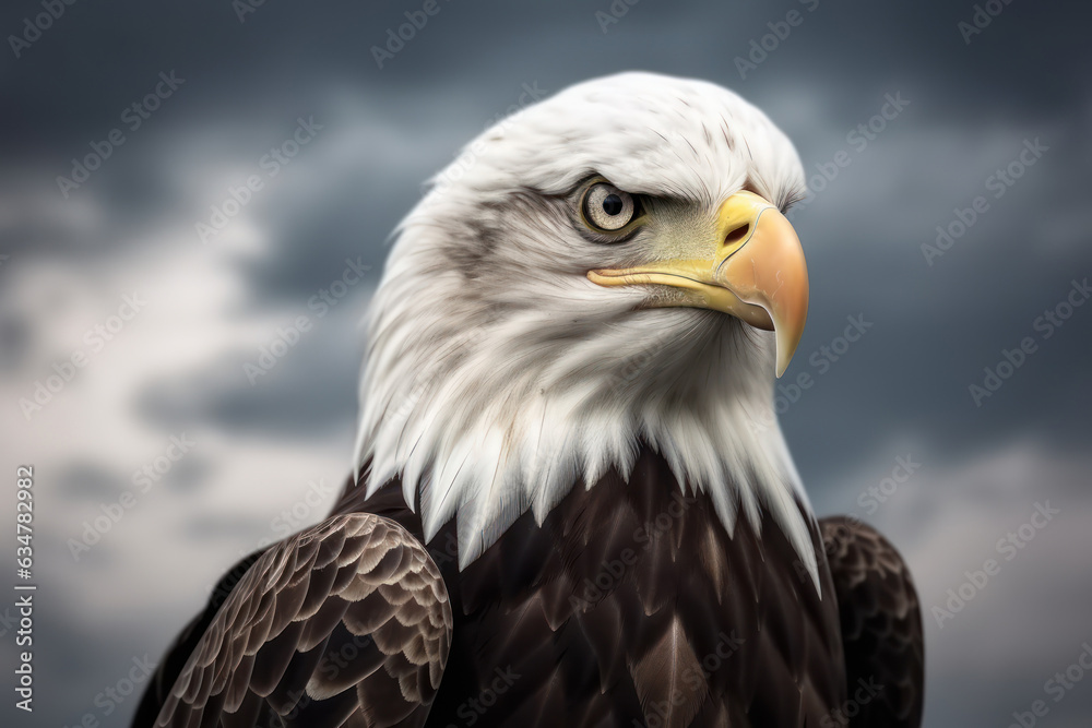 Bald Eagle in the cloudy sky. Close-up portrait. Bald Eagle in the cloudy sky. Close-up portrait.