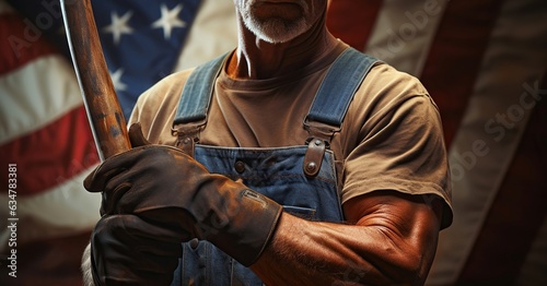 Work Ethic Unveiled, American Laborer's Hand Grasping the Tools with the american flag in the background. Generative AI