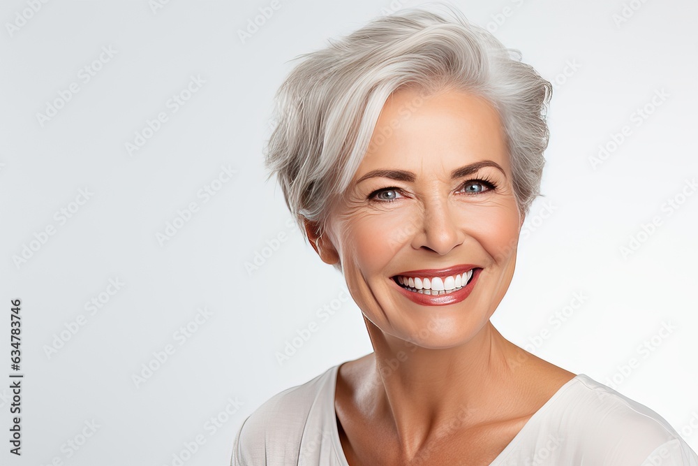 Happily smiling middle aged Caucasian woman. She radiates health and energy of happiness. Luxurious middle-aged woman with a short gray hairdo looking at camera. Happily smiling middle aged Caucasian woman. She radiates health and energy of happiness. Luxurious middle-aged woman with a short gray hairdo looking at camera.