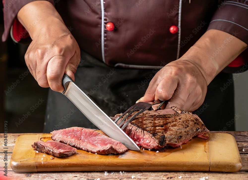 Skilled chef prepares meat with precision in professional kitchen.