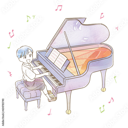 水彩アナログ風 男の子 ピアノ 演奏 発表会 イラスト(音符あり)