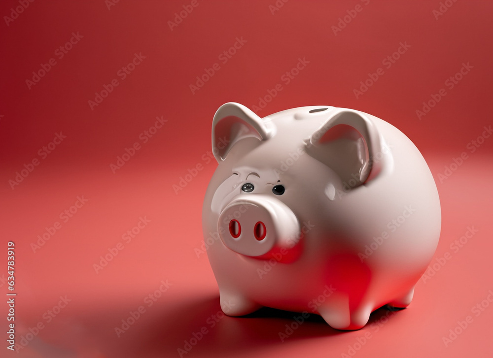 Banking, budget, finance, debt, savings, wealth a red piggy bank amidst cash and coins.