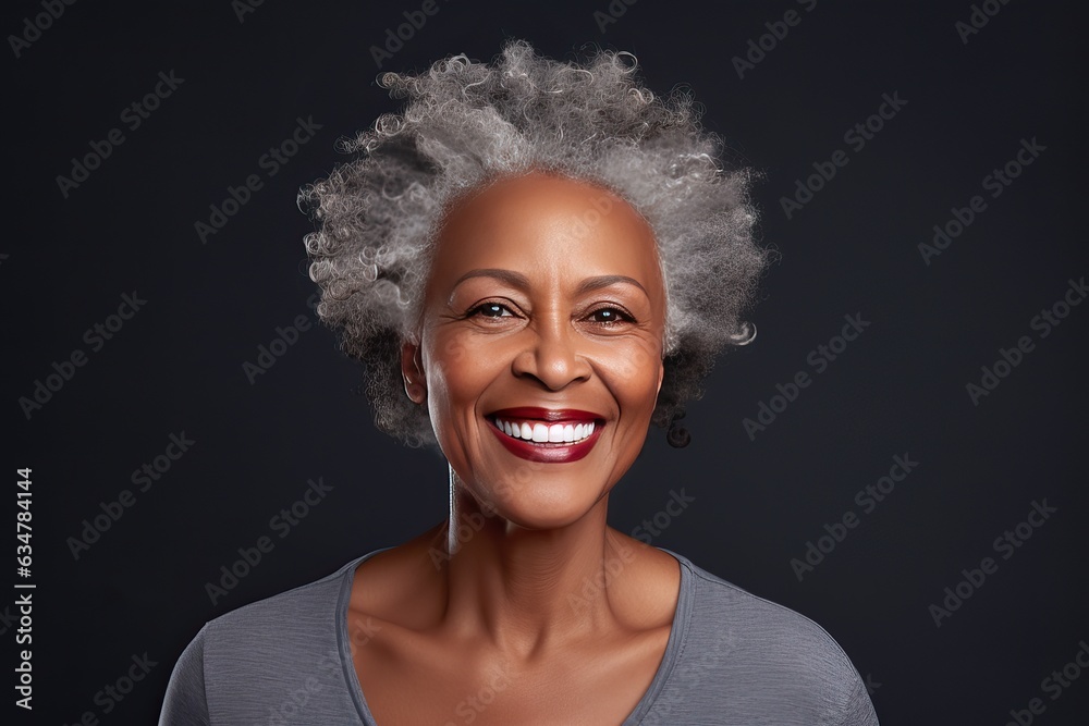 Close-up portrait of a stylish beautiful African American woman in her 50s. Skin care concept. Luxurious middle-aged woman with a short gray hairdo looking at camera. Photo on dark grey background.