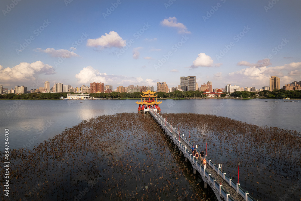 A long bridge leading to a lone pagoda in Lotus Pond in Kaohsiung, Taiwan