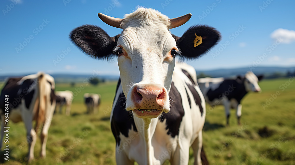 Portrait of cow on green grass with blue sky. Generative AI