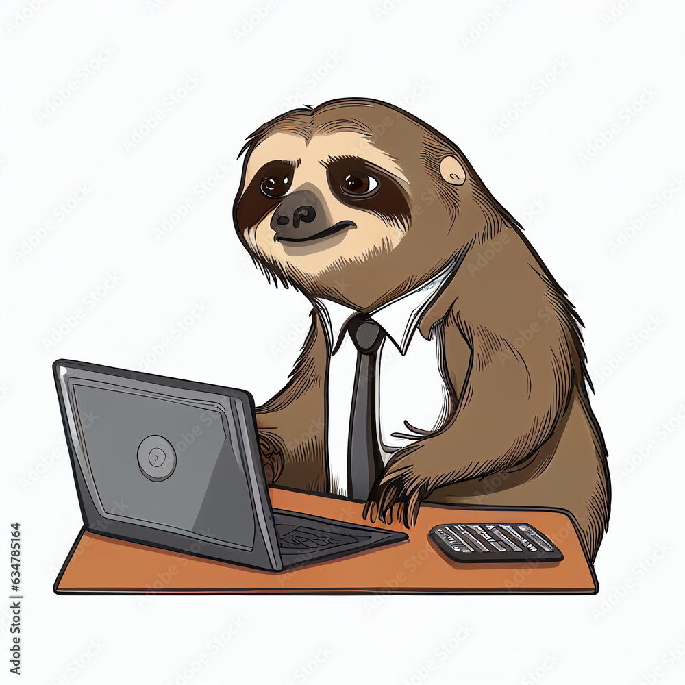 Sloth in a tie sits at a laptop on a white background. AI Generated Sloth in a tie sits at a laptop on a white background. AI Generated