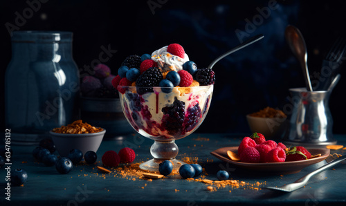 A delicious and healthy bowl of yogurt topped with fresh berries and crunchy granola. A bowl of yogurt with berries and granola photo