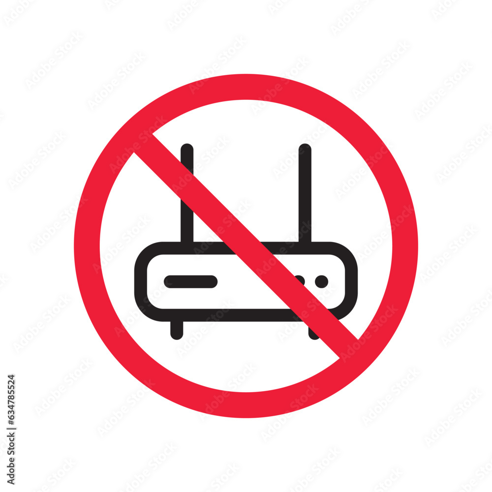 Forbidden router icon. Warning, caution, attention, restriction, label. Router icon. Router