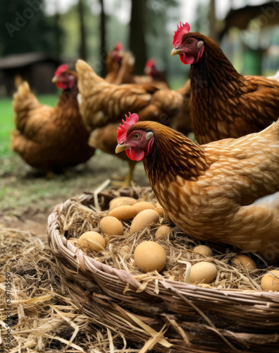 Chickens gathering around a nest filled with eggs. A group of chickens standing around a nest filled with eggs photo