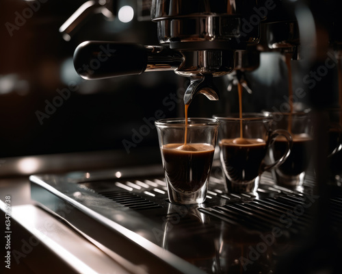 An espresso machine pouring freshly brewed coffee into shot glasses. Espresso being poured into three cups in a coffee shop