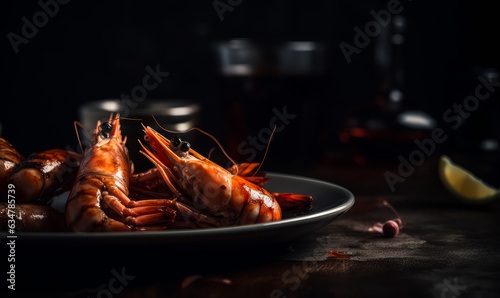 A plate of cooked shrimps on a dark background. A delicious plate of cooked shrimp on a table